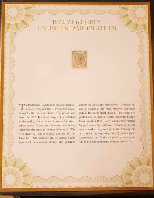A large collection of stamps in Westminster Collection cases with certificates to include 1856 Queen Victoria 6d Lilac, 1884 10 Shilling ‘Cobalt Blue’ stamp, 1884 Victorian High Value Definitives (2s 6d, 5s, 10s), 1872-7